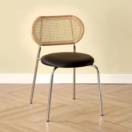 Wicker Dining Chair, Leather Seat, Woven Backrest, Metal Frame