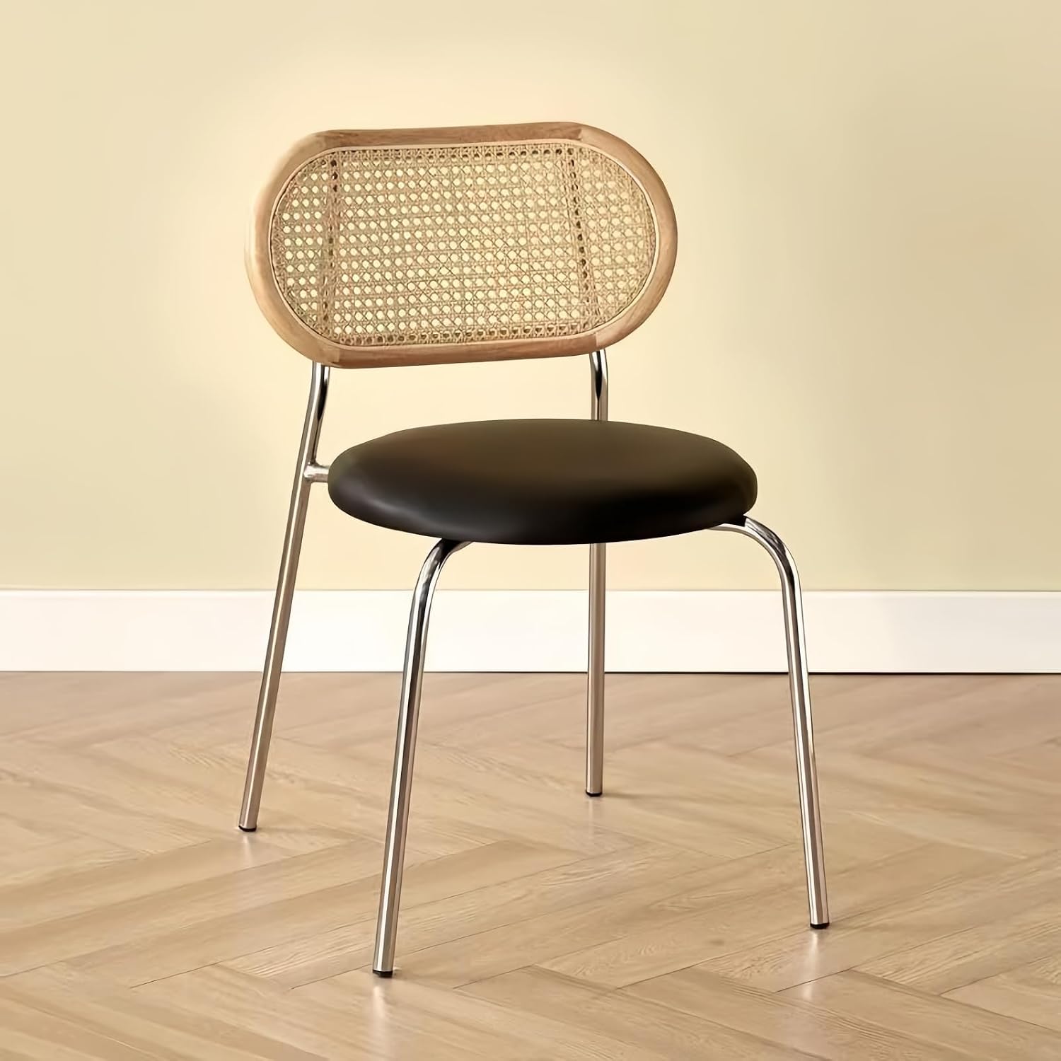 Wicker Dining Chair, Leather Seat, Woven Backrest, Metal Frame