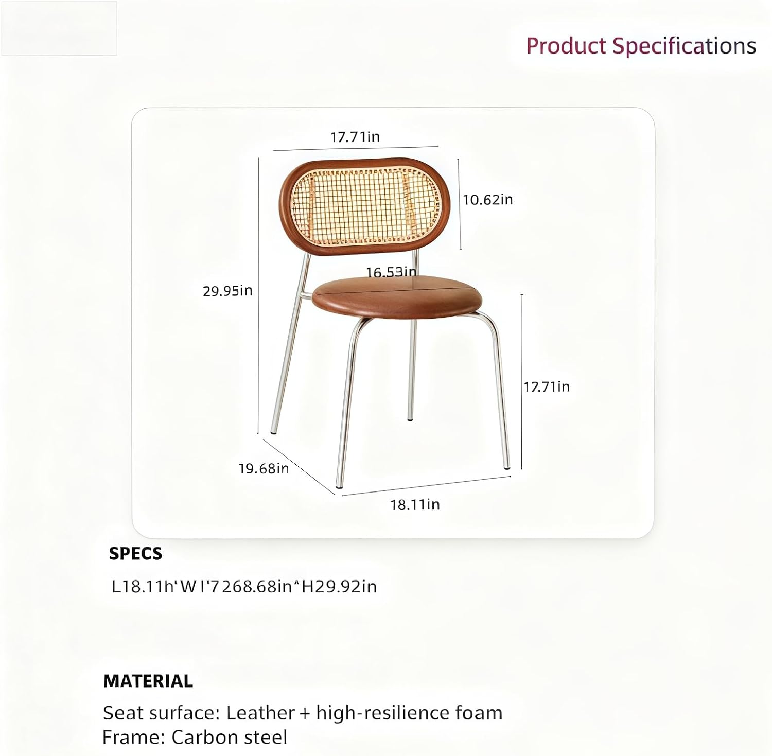 Wicker Dining Chair, Leather Seat, Woven Backrest, Metal Frame - Image 2