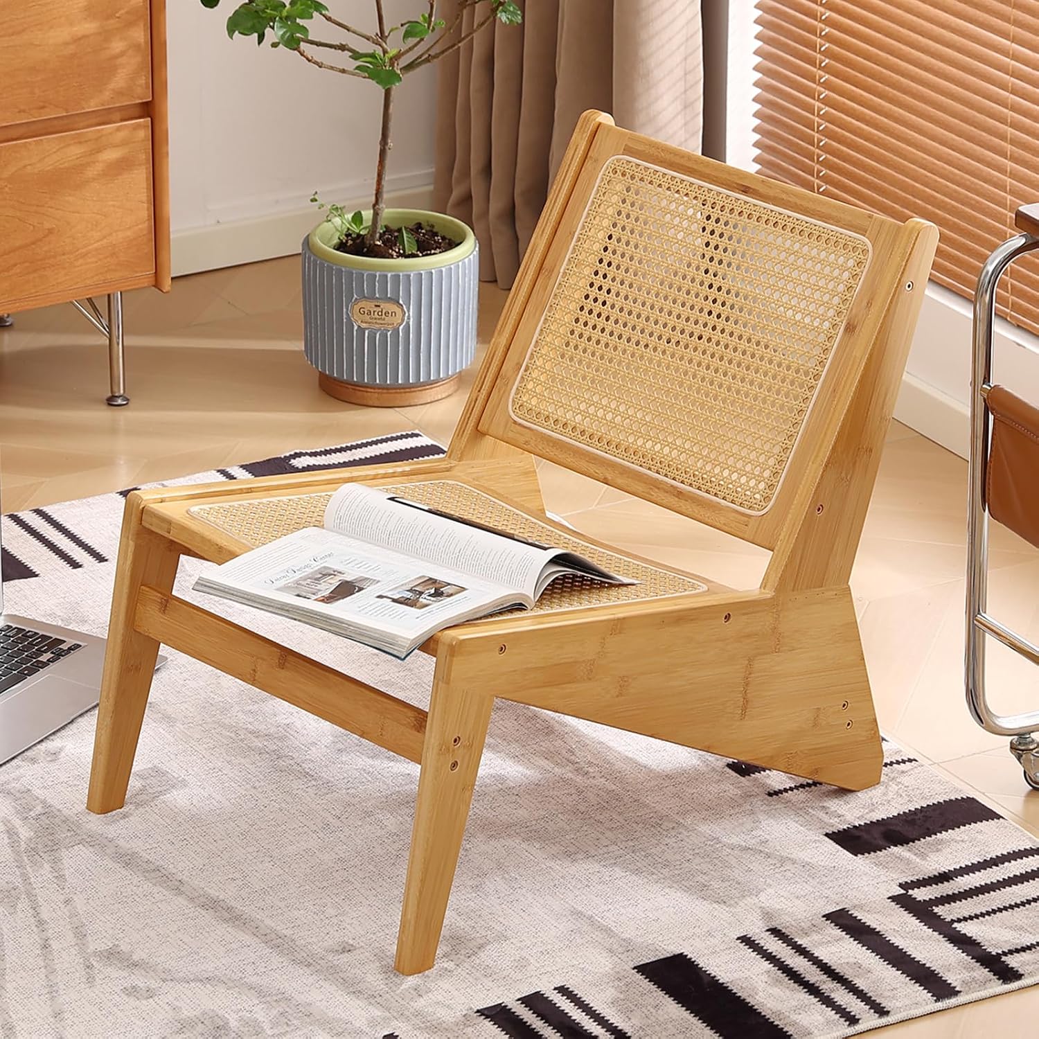 Mid Century Rattan Accent Chair, Woven Cane Backrest