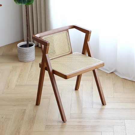 Mid Century Rattan Dining Chair, Wooden Cane Armchair for Home