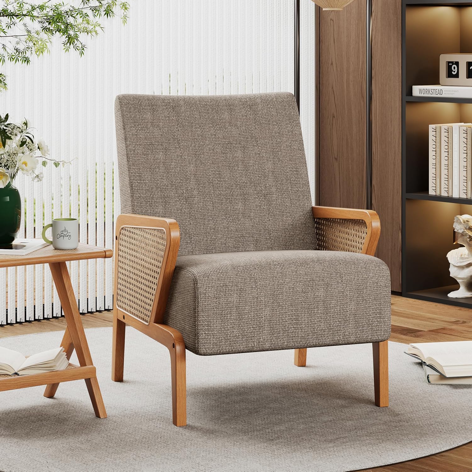 Upholstered Rattan Accent Chair, Fabric Lounge Seating for Home