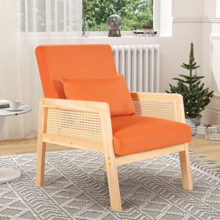 Rattan Accent Chair, Upholstered Lounge Seat with Wooden Frame